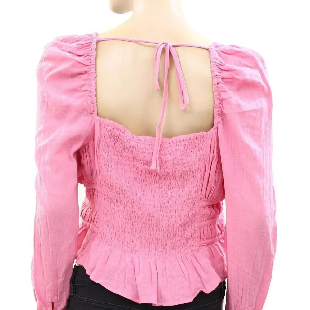 Free People Chloe Cropped Top Blouse Ruffle Puffed Sleeves Smocked S New